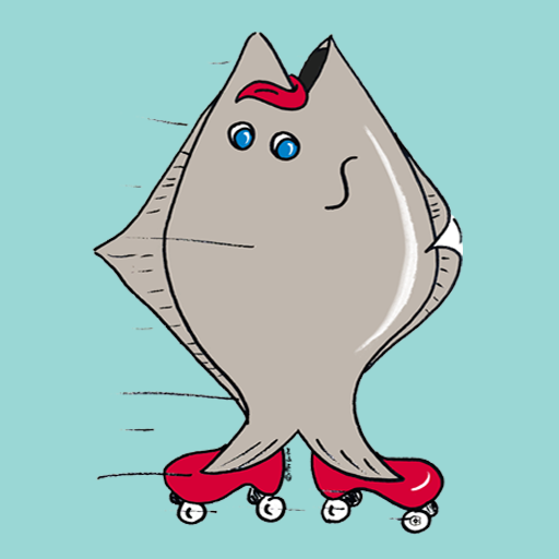 A blue-eyed halibut on red roller skates with his tongue hanging out and flapping in the breeze