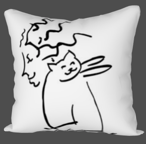 Freeform, stylized rendition of a smiling girl hugging a happy cat  in an ink-and-brush style    